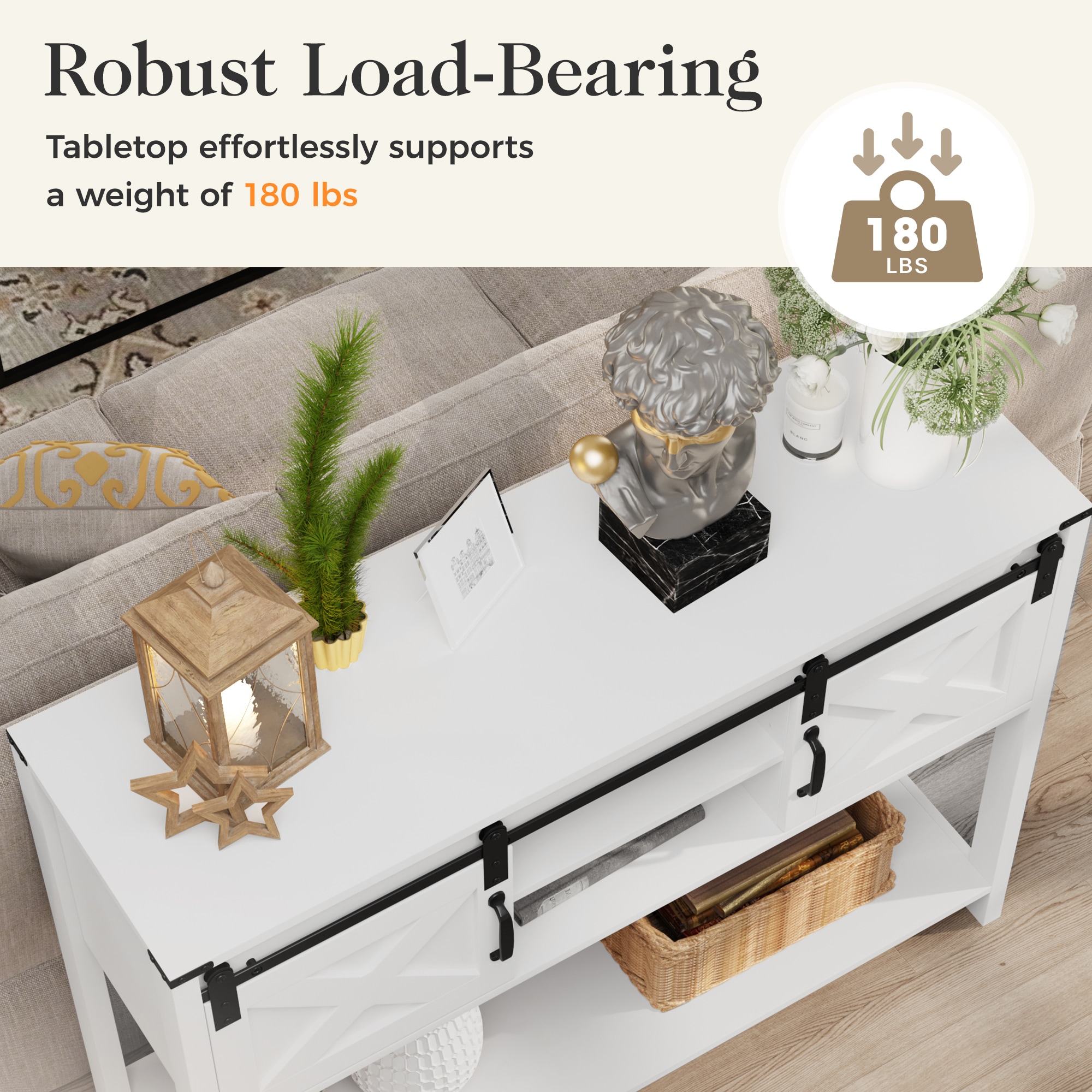 Heynemo Farmhouse Entryway Table With Drawers, 46" Console Table With Sliding Barn Door, Wood Rustic Sofa Table With Adjustable Shelf For Living Room, Foyer, Hallway，White_voghion.com